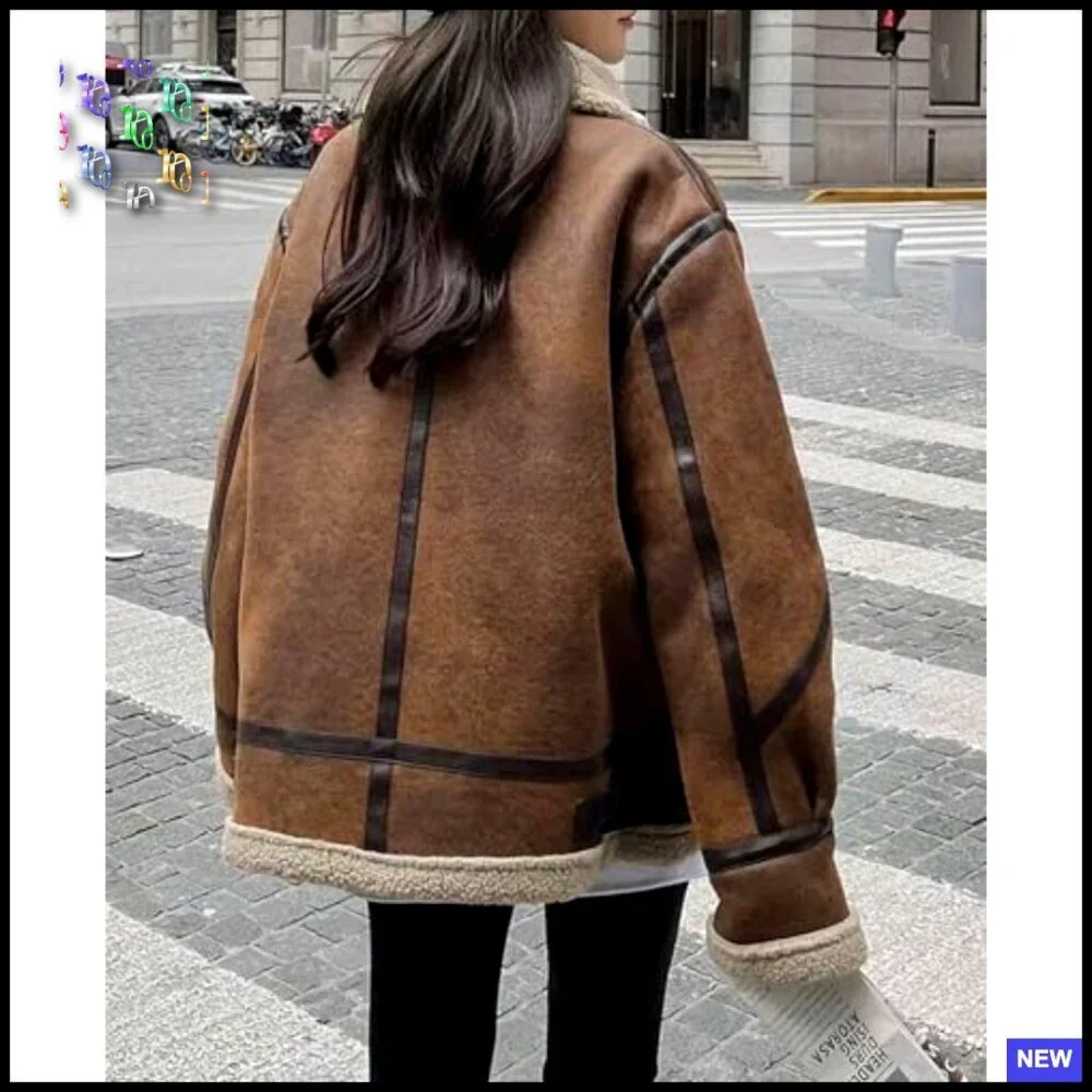 Oversized Faux Suede Moto Jacket Sherpa Lined Aviator Style Winter Coat - Picture 3 of 6